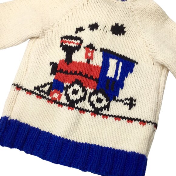 Vintage 60s Hand Knit Child's Cardigan Zipper Full Zip Sweater Train Double Side - Picture 7 of 9